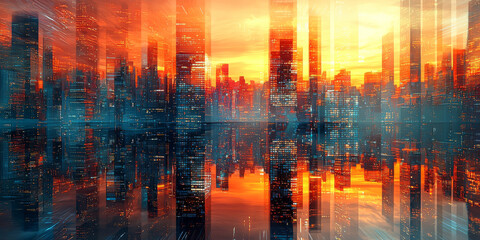 Sticker - A city skyline at sunset, with skyscrapers reflecting in the water.