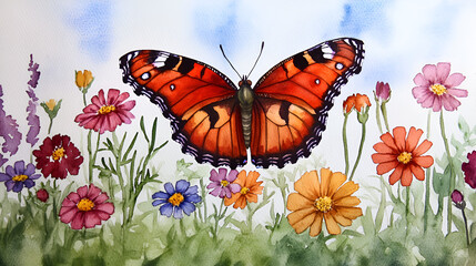 Canvas Print - Watercolor Painting of a Butterfly in a Field of Flowers