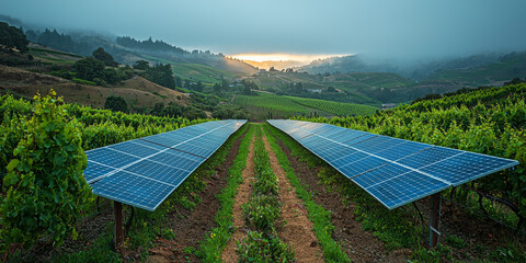 Poster - Solar panels in a vineyard at sunset, with a beautiful view of rolling hills in the background.