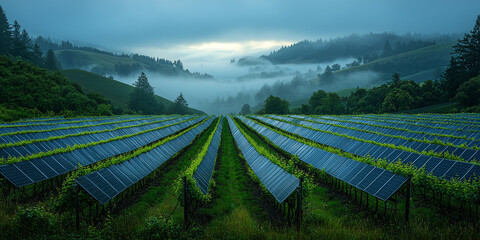 Poster - Rows of solar panels in a field with a misty mountain background.