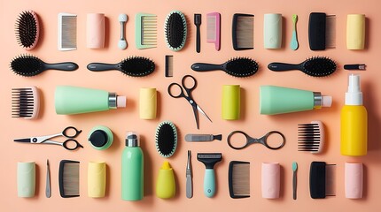 A 3D vector illustration of professional hairdressing tools, including scissors, hairdryers, and other salon accessories 