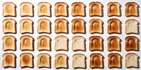 A collection of toast slices, slightly grilled and isolated on a white background. This set features top-down views of lightly toasted wheat bread, presented realistically  