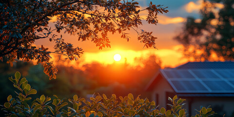 Poster - A beautiful sunset over a house with solar panels, framed by trees.