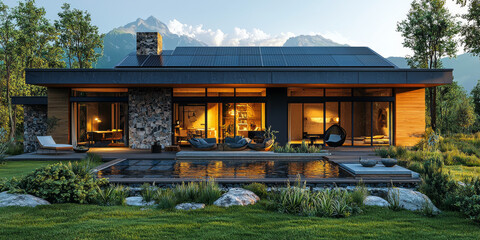 Poster - Modern home with a swimming pool and a beautiful mountain view in the background. The home is lit up from inside, creating a warm and inviting ambiance.