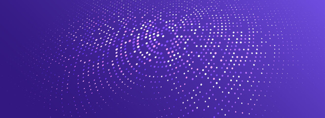 Poster - Purple glowing dotted texture. Abstract dot grid wallpaper. Curved halftone pattern backdrop. Modern technology, business, science, healthcare, medicine, presentation design background. Vector