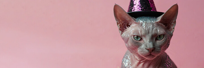 A sphinx cat with a cap on its head on a pink background