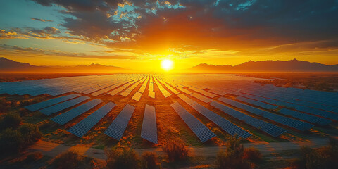 Poster - Vast solar panels stretch out across the desert, capturing the energy of a setting sun.