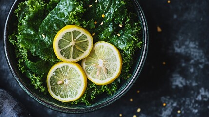 Dark leafy greens with lemon slices, a vitamin-rich meal for brain health