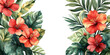 © Vertigo Images - Watercolor painting of tropical flowers and leaves. The vibrant red hibiscus flowers contrast against the lush green foliage.