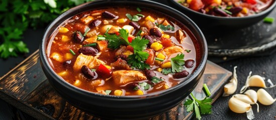 Poster - Bowl Of Tasty Chicken Enchilada Soup On Table