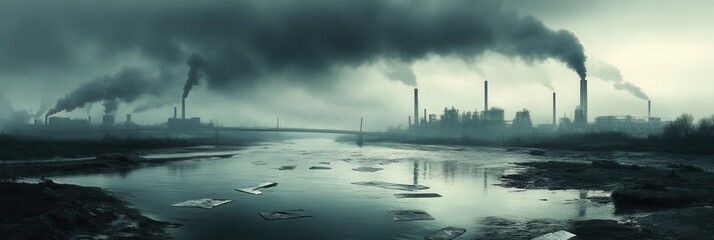Poster - A modern city is shrouded in thick smog, with silhouettes of factories visible and a river choked with floating plastic debris. Generative AI