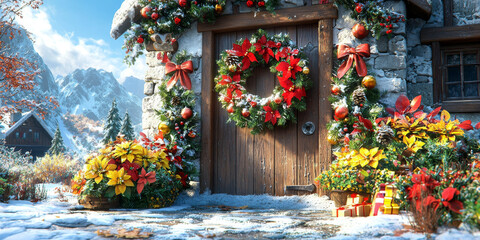 A charming stone cottage adorned with festive Christmas decorations, creating a warm and inviting atmosphere.