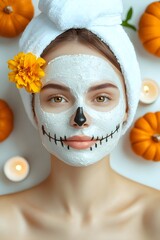 Young woman with clay facial mask and sugar skull makeup in spa salon decorated pumpkins, flowers and candles. Dia de los muertos, Day of the dead, Halloween. Facial and body treatment, skincare