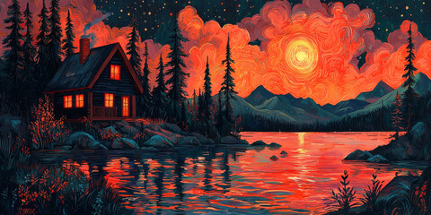 Canvas Print - A cozy cabin with warm lights glows on the shore of a lake under a fiery sunset.