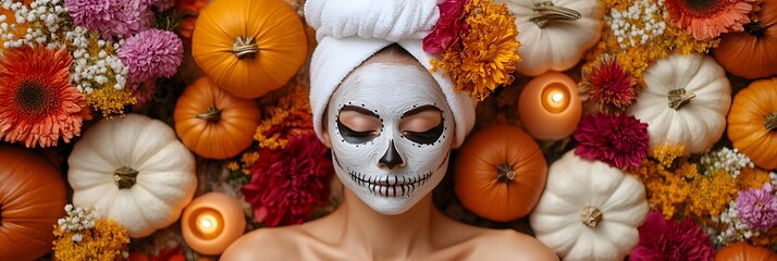 Young woman with clay facial mask and sugar skull makeup in spa salon decorated pumpkins, flowers and candles. Dia de los muertos, Day of the dead, Halloween. Facial and body treatment, skincare