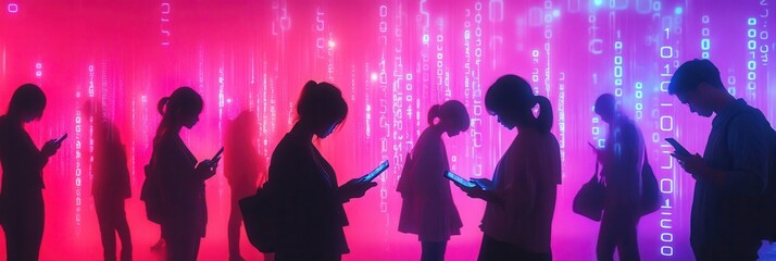 Poster - Individuals gazing at their smartphone screens are engulfed in vibrant digital numbers, highlighting disconnection in a technology-driven environment. Generative AI