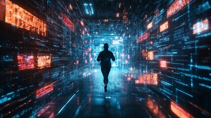 Fototapete - A person runs through a futuristic digital tunnel filled with vibrant data streams and glowing effects at night