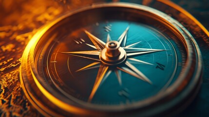 close-up of a compass with a gold needle pointing north.