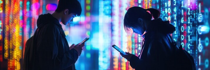 Poster - Individuals are engaged with their smartphones, immersed in a sea of colorful digital codes, illustrating a sense of isolation. Generative AI
