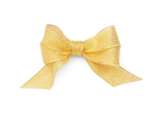 Wall Mural - Beautiful bow made of shiny golden ribbon on white background