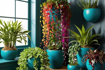 Vibrant Trailing Plants in Teal Planters for Stunning Interior Decoration