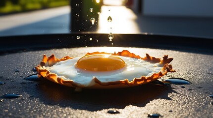 A single fried egg sizzles on the hot asphalt, symbolizing extreme heat waves and soaring temperatures in an urban city environment, illustrating climate change effects  