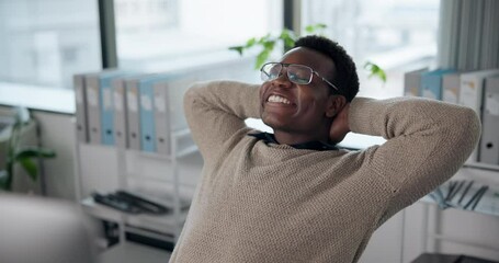 Poster - Computer, relax and black man with glasses, happy and copywriting with creativity and online. Digital, vision and writer with keyboard, research and proofreading of email for company and person