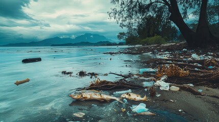 Aufkleber - A shoreline covered with dead fish, floating plastic debris, and signs of oil spills harming the nearby coral reefs. Generative AI