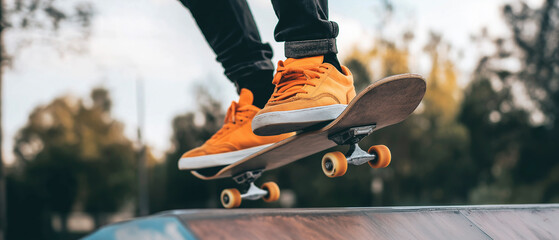 A imagem captura uma pessoa usando tênis laranja realizando uma manobra enquanto anda de skate em um parque, evocando temas de habilidade, equilíbrio e movimento.