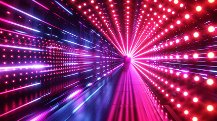 3D speed of light lines in LED tunnel with neon colorful stripes futuristic dynamic technology cyberpunk gradient pink blue background