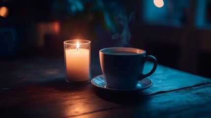 A cup of hot coffee with the steam gently lit by candlelight. Coffee in a dark room, creating a cozy feeling.