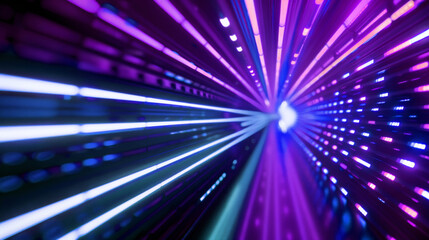 3D speed of light lines in LED tunnel with neon colorful stripes futuristic dynamic technology cyberpunk gradient purple blue background