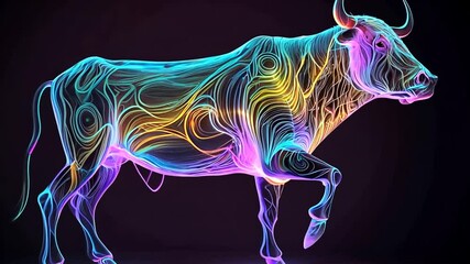 Poster - Vibrant Neon Outline of a Bull Illuminated Against a Dark Background Generative AI