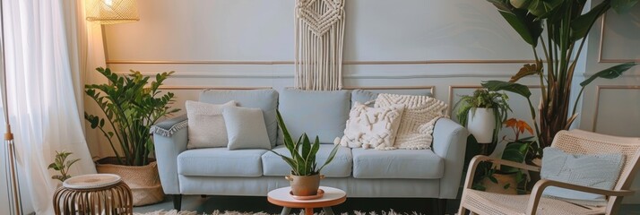 Wall Mural - Elegant Boho Living Room Decor with Gray Sofa Armchair and Handmade Macrame Plant Hanger