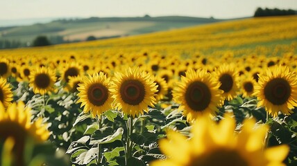 Two Sunflowers in a Field of Blooming Sunflowers