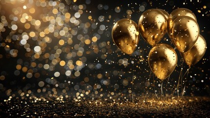 Wall Mural - Golden Celebration: Festive Balloons and Confetti Falling on Black Background for Christmas, New Year, Birthday, or Wedding Parties