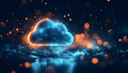 Poster - A vibrant digital cloud surrounded by sparkling particles, representing technology and innovation in a futuristic atmosphere.