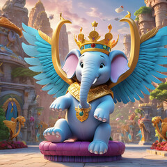 Wall Mural - Colorful Cartoon Elephant with Stunning Wings Soaring over Magical Metropolis