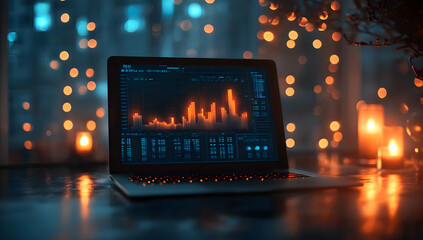 Poster - A modern laptop displays financial data against a backdrop of soft, ambient lights, creating a calming workspace atmosphere.