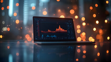 Poster - A laptop displaying vibrant data visualizations against a backdrop of blurred colorful lights, perfect for tech and finance themes.