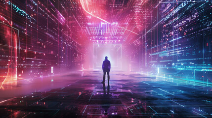 Wall Mural - 3D person silhouette standing in empty virtual space with walls of holographic projections of digital code and data light beams futuristic cyberpunk vr technology blue purple neon background