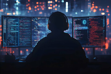 A programmer analyzes code on multiple monitors in a dark room filled with colorful data visualizations and reflections.