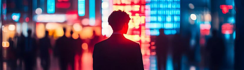 Wall Mural - A person stands against vibrant neon lights, creating a dramatic silhouette in a bustling urban environment.