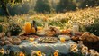 © julija - idyllic picnic scene in sunlit meadow gourmet spread on crisp white tablecloth surrounded by wildflowers and dappled sunlight