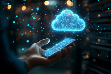 Poster - A hand holding a smartphone with a glowing cloud hologram above, symbolizing digital connectivity and cloud technology.