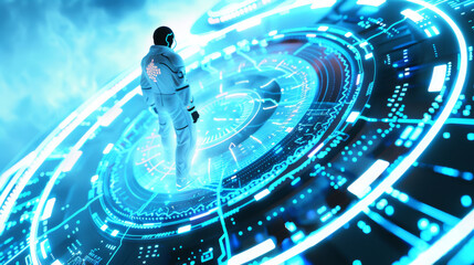 Wall Mural - 3D person standing on floating data platform futuristic glow digital space cyberpunk vr technology   abstract blue white background