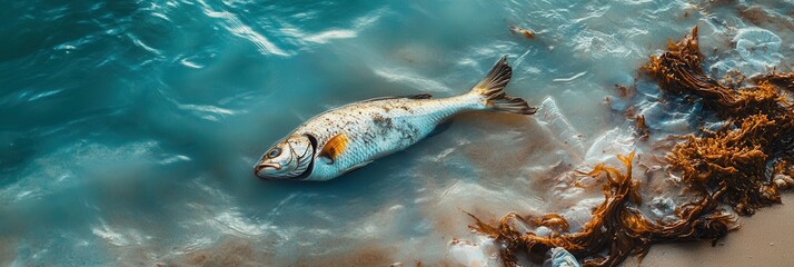 Aufkleber - A dead fish lies on the beach, surrounded by floating plastic waste and oil spills, highlighting environmental damage to the ocean. Generative AI
