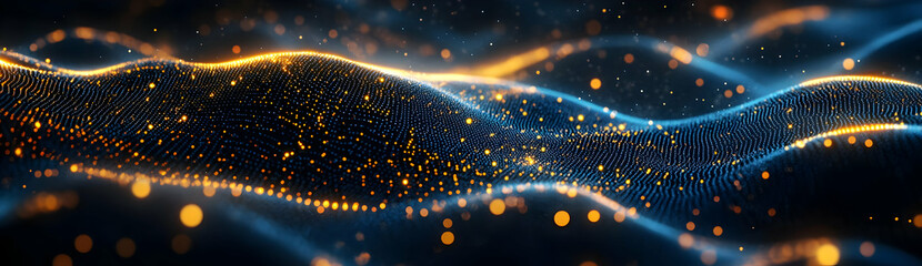 Poster - A mesmerizing abstract illustration of glowing waves with dynamic light and sparkles, perfect for digital backgrounds.