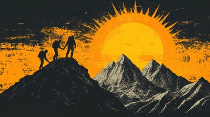 inspiring handdrawn logo concept two figures helping each other reach mountain summit radiant sun behind peak symbolizes achievement uplifting teamwork and unity message