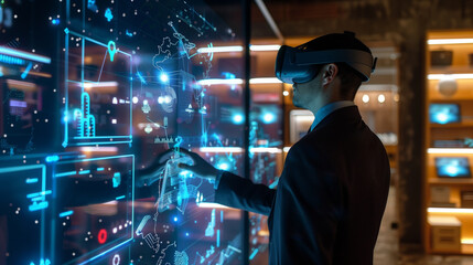 Poster - a businessman using virtual business management system through augmented reality technology 